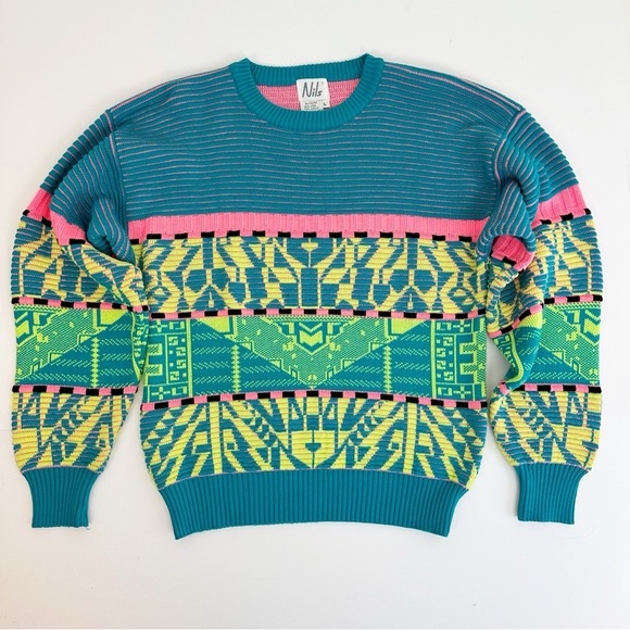 NILS Other - NILS Vintage Like New 80s Ski Sweater Crewneck Pullover Neon Wool Blend L